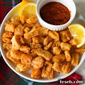 Golden, crispy calamari rings served with lemon wedges and marinara sauce on a white plate.