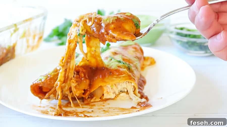 bite shot of cheesy baked red chicken enchiladas