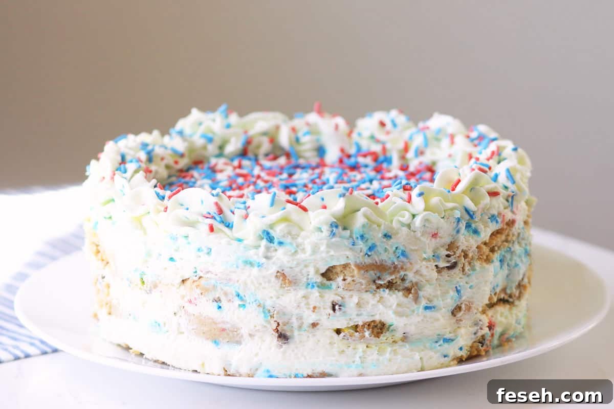 Patriotic 4th of July Icebox Cake Recipe for Summer Parties 3 an icebox cake with layers of cookies inside and topped with 4th of July sprinkles
