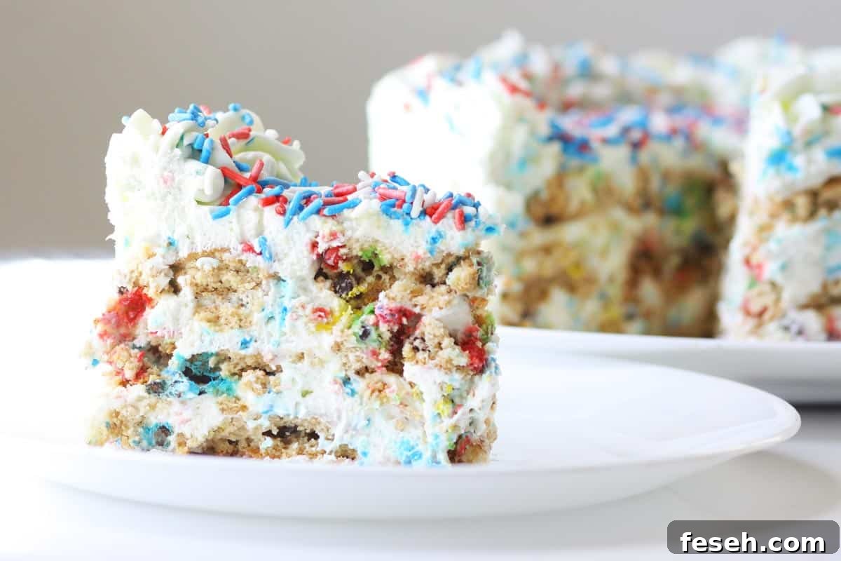 Patriotic 4th of July Icebox Cake Recipe for Summer Parties 4 a slice of icebox cake layered with m&m cookies and topped with 4th of July sprinkles