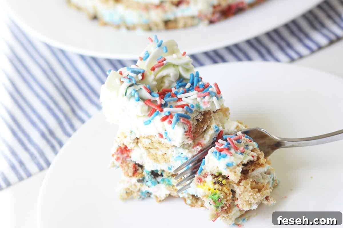 Patriotic 4th of July Icebox Cake Recipe for Summer Parties 8 a slice of icebox cake layered with m&m cookies and topped with 4th of July sprinkles