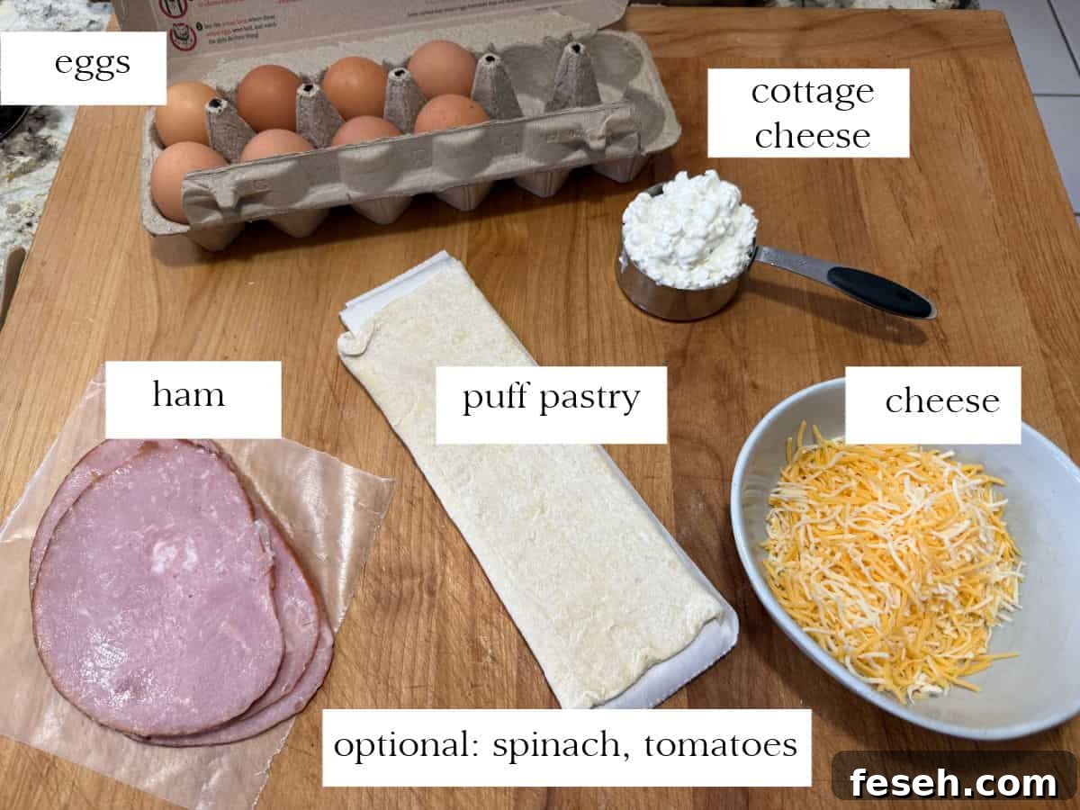 ingredients needed: eggs, puff pastry, cottage cheese, ham, and shredded cheese. Plus optional add ins noted.