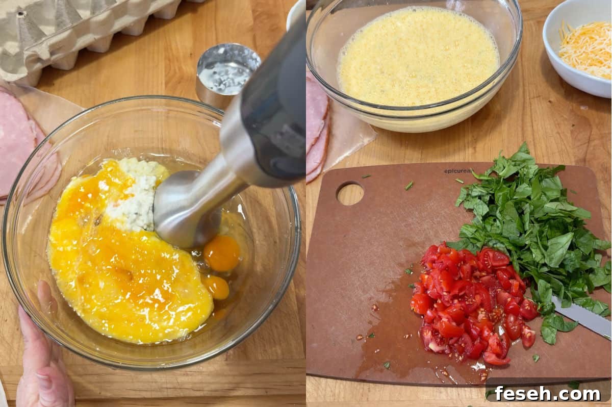 Prepping the eggs and the veggies.