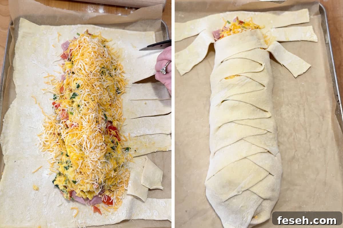 Cutting strips of puff pastry and using it to cover the top with overlapping strips.