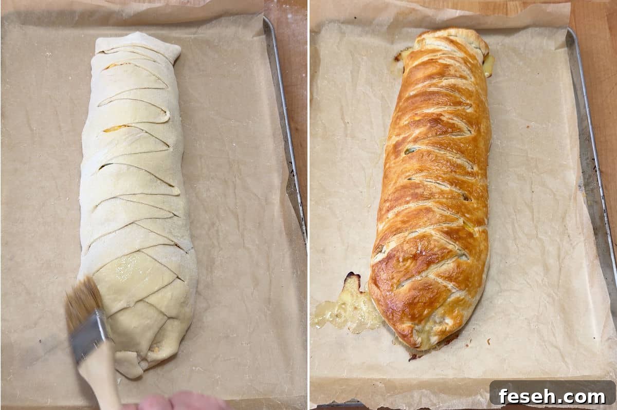 Brushing the bread braid with egg white, and a photo of the finished dish, after baking.