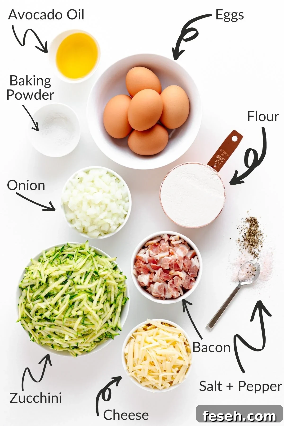 Labelled image of ingredients needed to make zucchini slice.