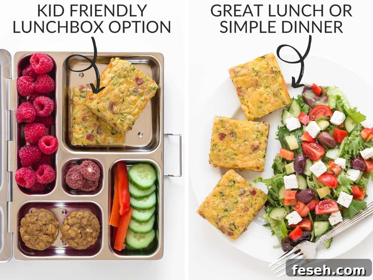 Graphic showing two ways to serve zucchini slice: in a lunchbox and next to a salad on a white plate.