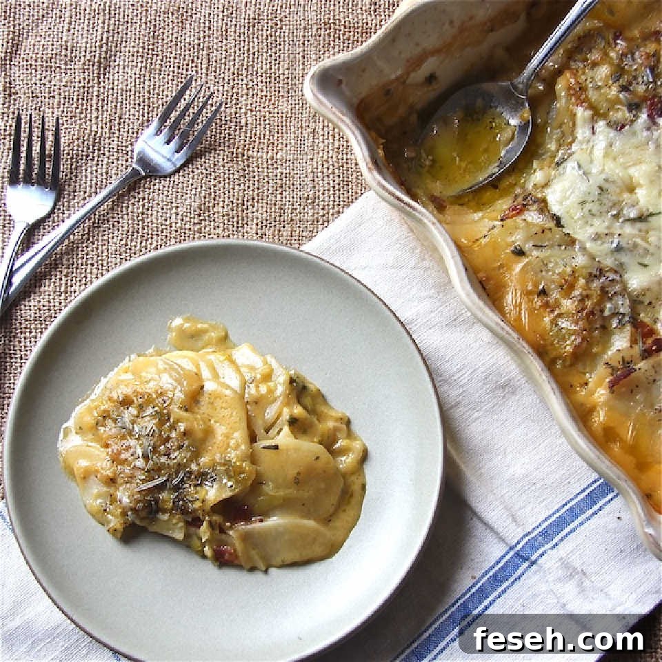 Top view of a serving of potato and fennel gratin, made skinny with 1% milk and vegetable broth.