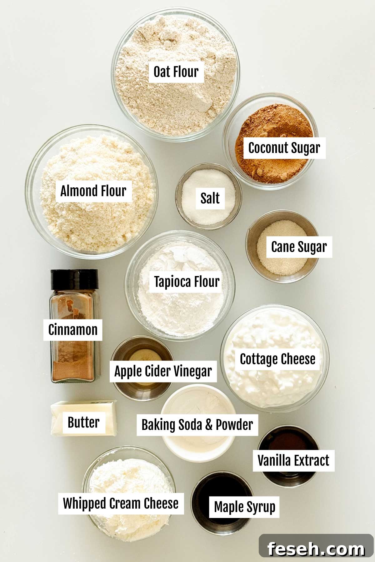 All the ingredients you need to make gluten-free cottage cheese cinnamon rolls with a maple whipped cream cheese spread on top.