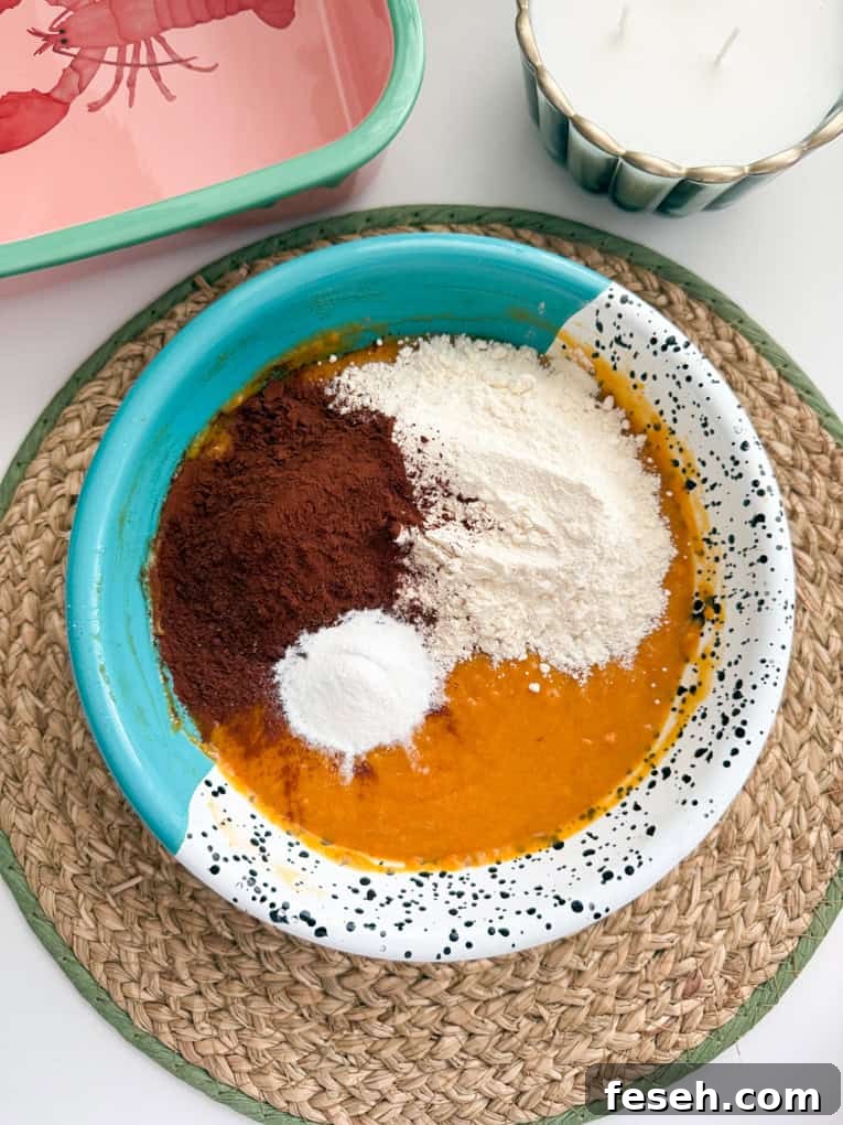 Flour, cocoa powder & baking powder added to mixing bowl.