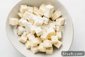 Cubed tofu coated in cornstarch