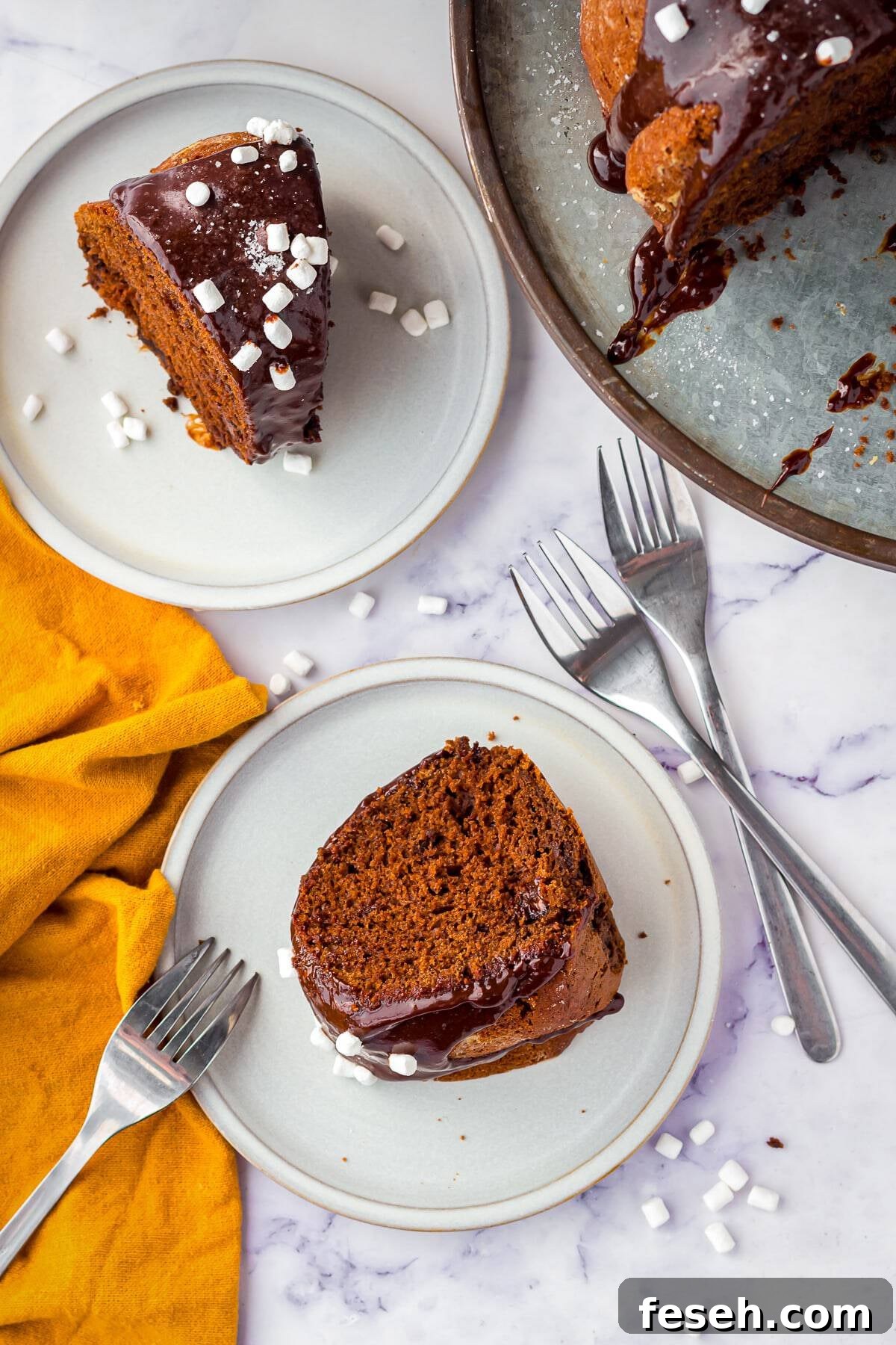 Overhead of two slices of Hot Chocolate Cake on white plates with forks around plates.