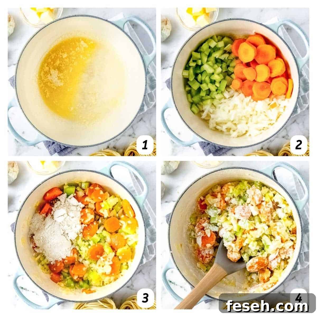 Four panel grid of process shots 1-4 - adding ingredients gradually into a large pot over heat.