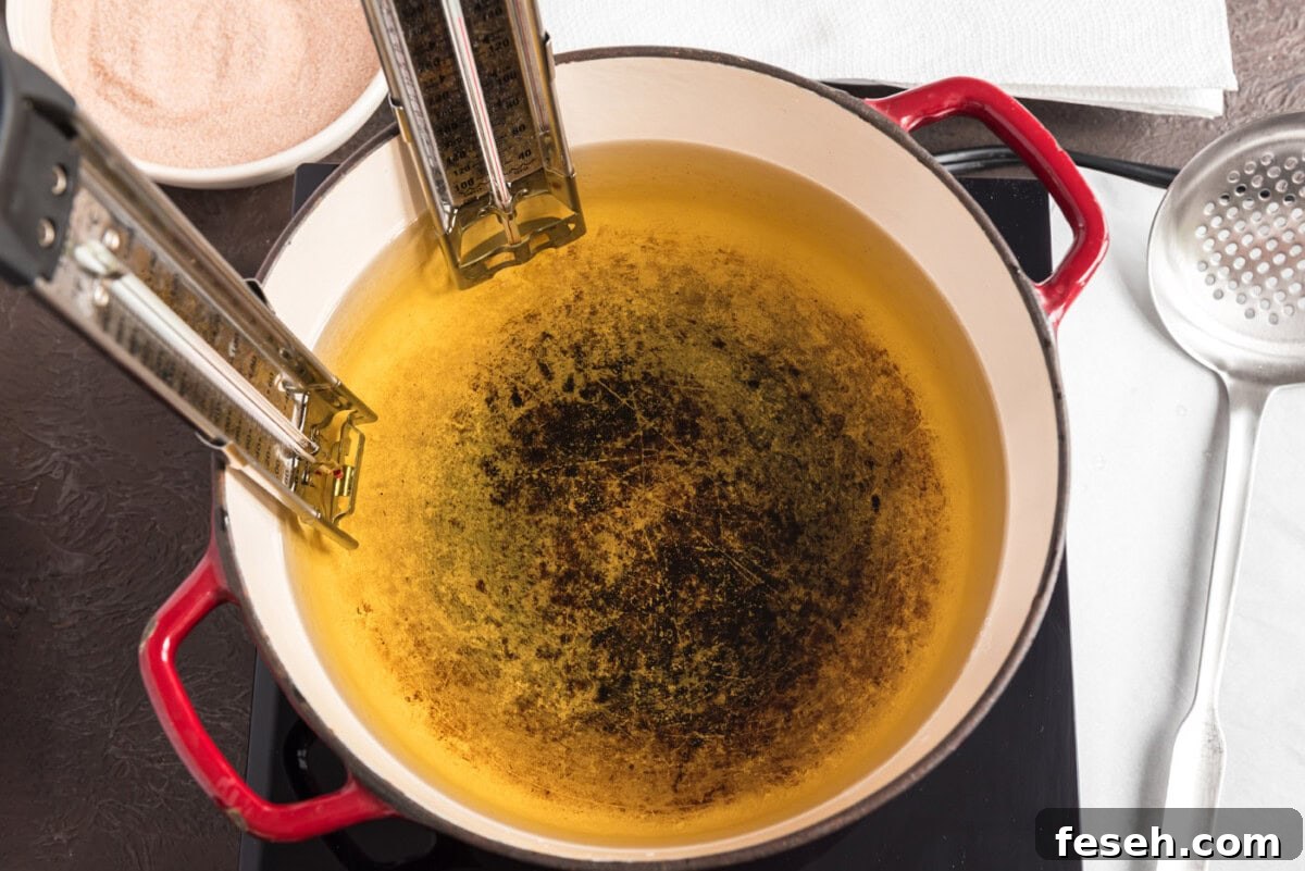 oil in a saucepan with a thermometer