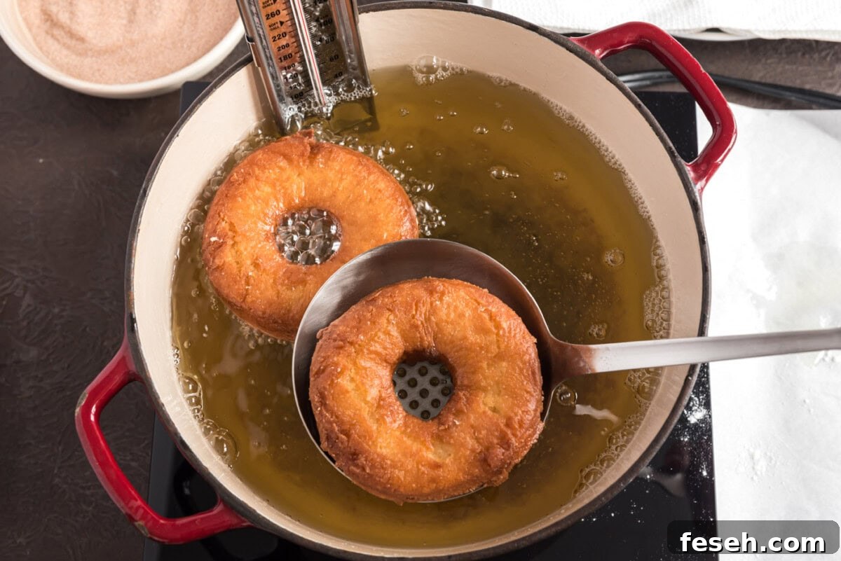 fried donuts being lifted from oil