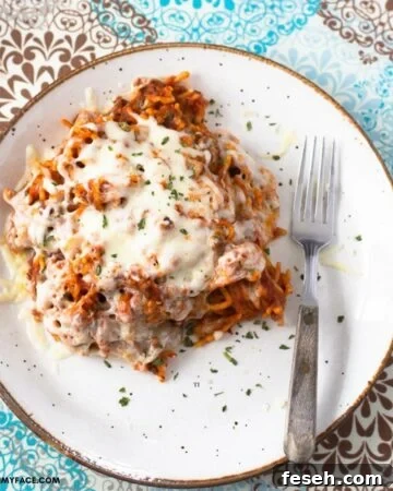 A serving of Crock Pot Cheesy Beef Spaghetti on a plate.