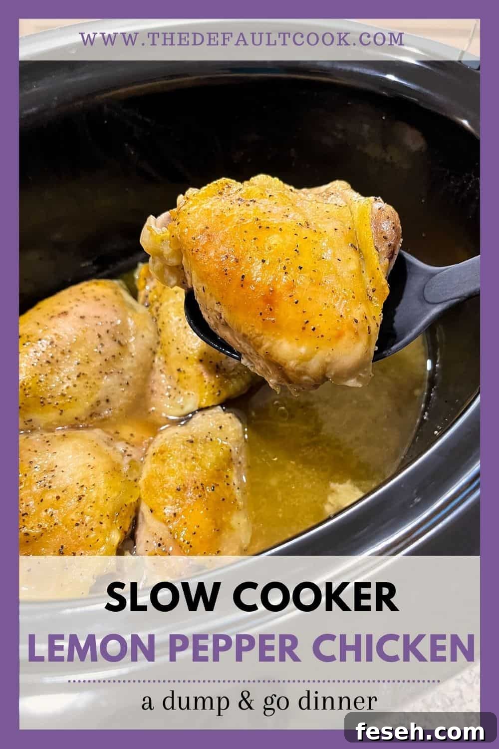 A slow cooker with finished lemon pepper chicken thighs, with one being lifted out on a serving spoon.
