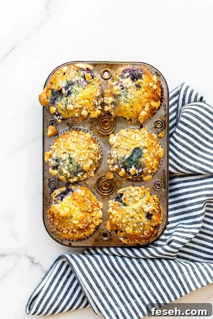 A vintage muffin pan with freshly baked blueberry streusel muffins with a stripped blue and white kitchen linen