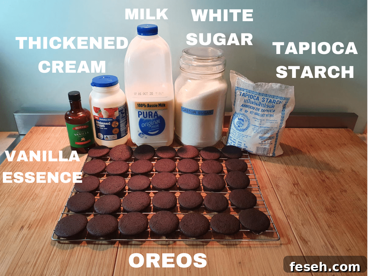 Cookies and cream ice cream ingredients, vanilla essence, thickened cream, milk, white sugar, tapioca starch, homemade oreos.