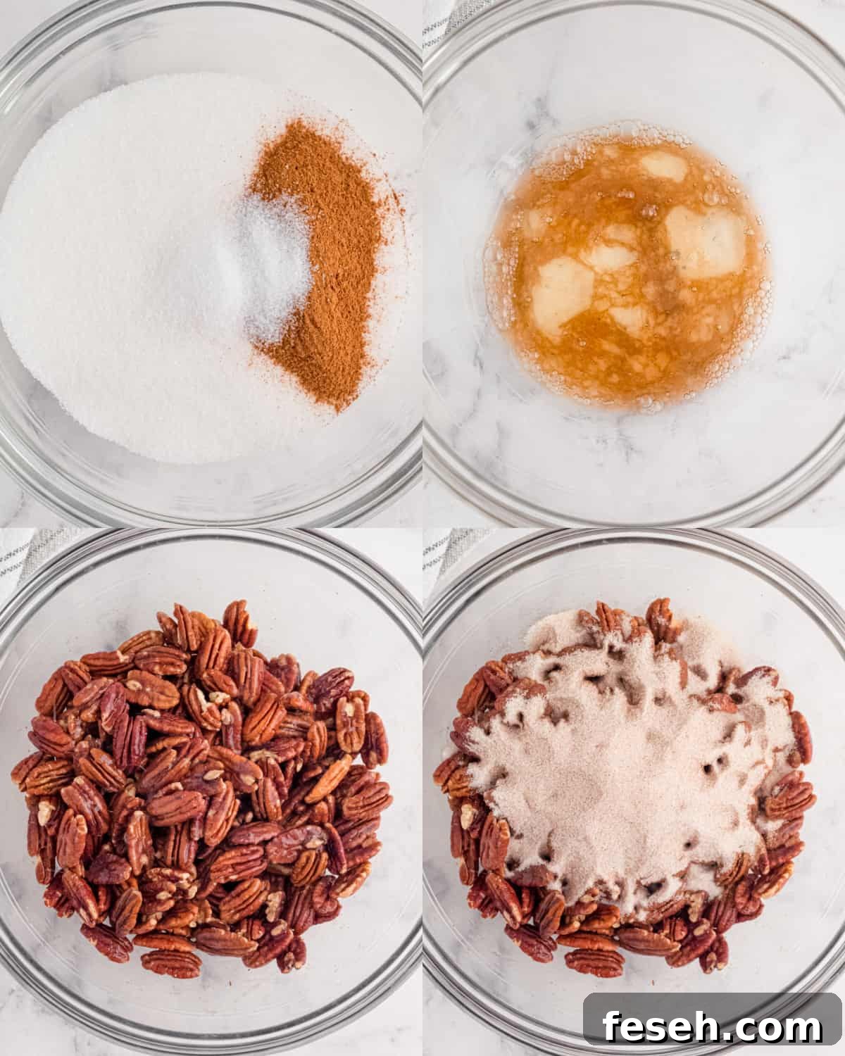 mixing ingredients for candied pecans in a bowl
