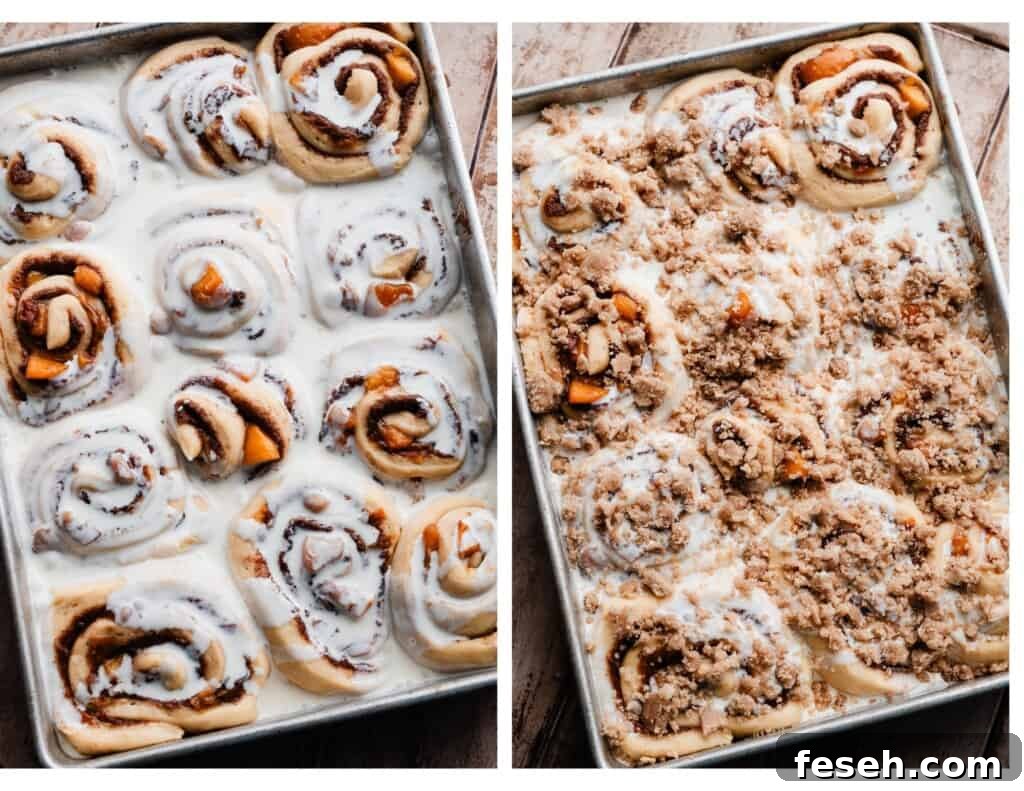 The peach rolls in a pan with heavy cream and streusel on top.