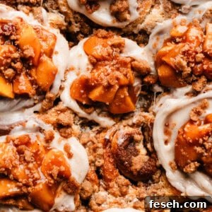 A bird's eye view of the peach cobbler cinnamon rolls.