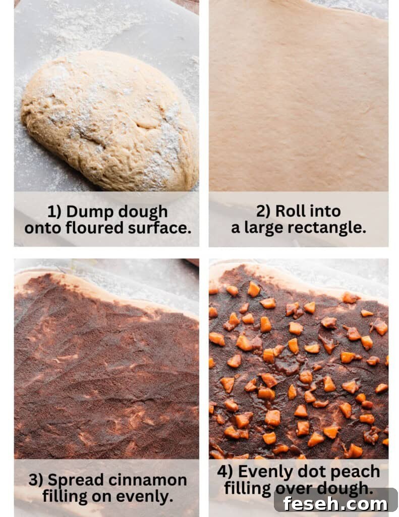 Four images showing the dough being rolled out and topped with the cinnamon and peach filings.
