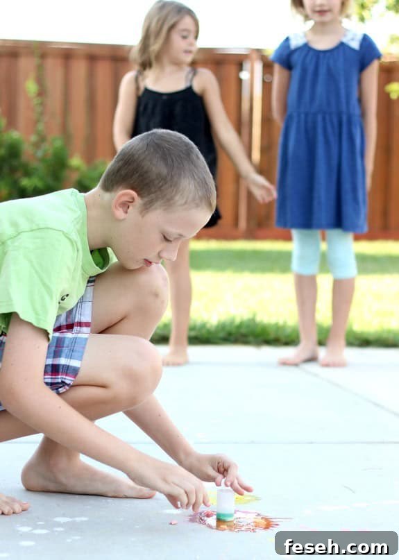 A science experiment, crowd pleaser, and boredom buster all in one! These sidewalk paint rockets splatter colorful bursts of chalk paint on the ground and clean up with water!