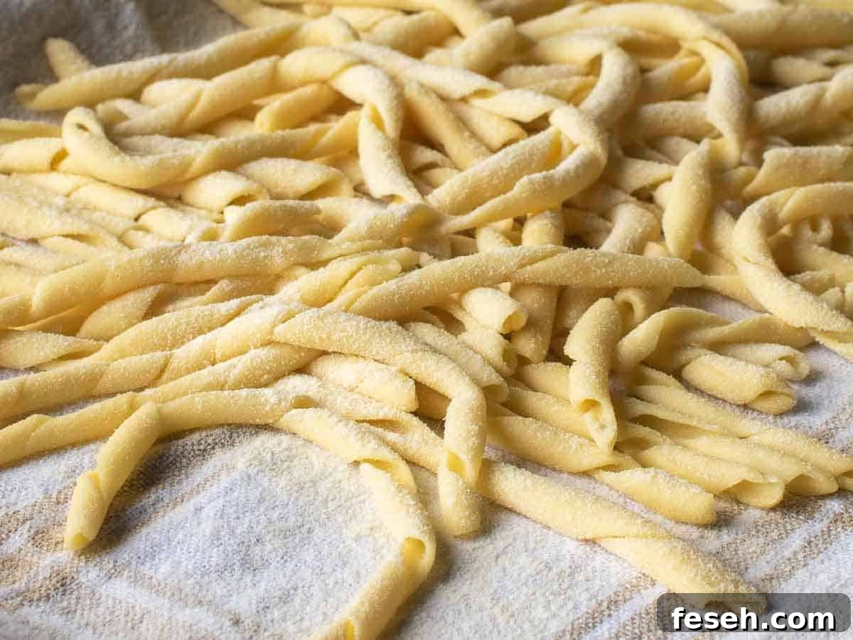 Close up of handmade, spiral pasta.
