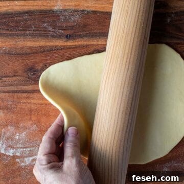Pasta dough rolled thickly viewed from above.