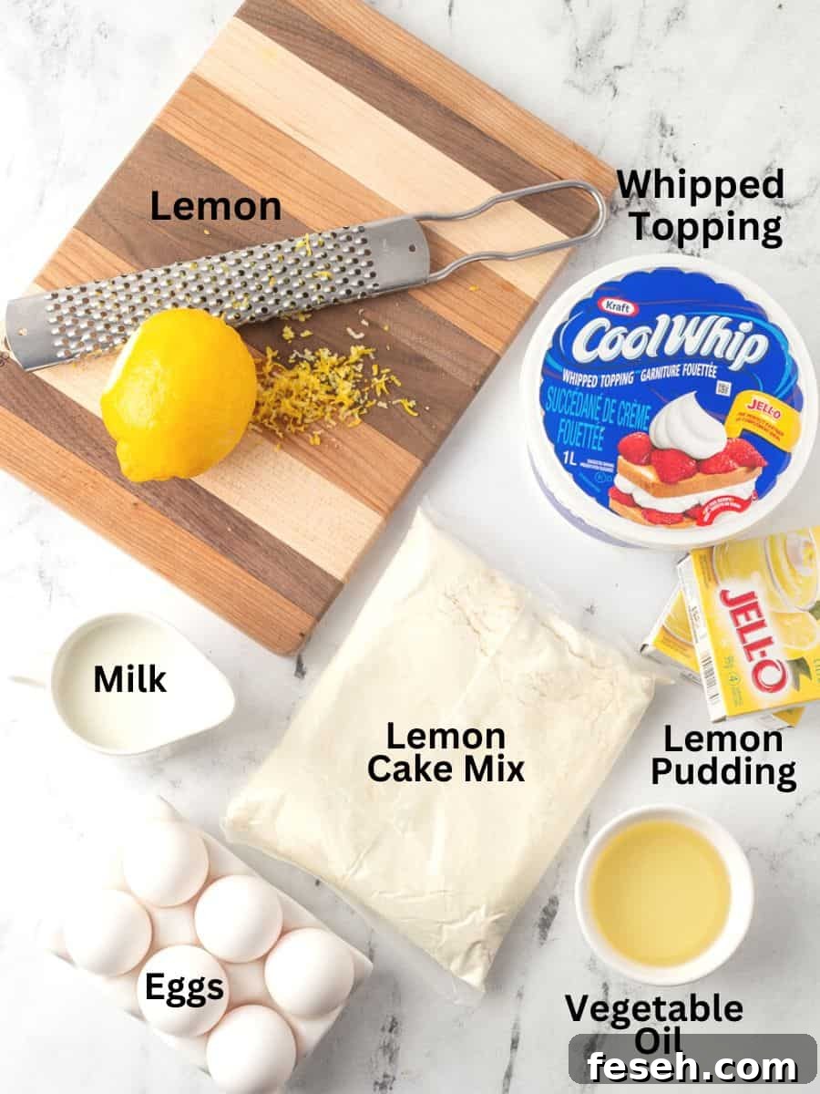 Labelled ingredients for lemon poke cake recipe.