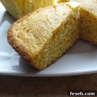 Pieces of cooked cornbread on plate ready to eat.