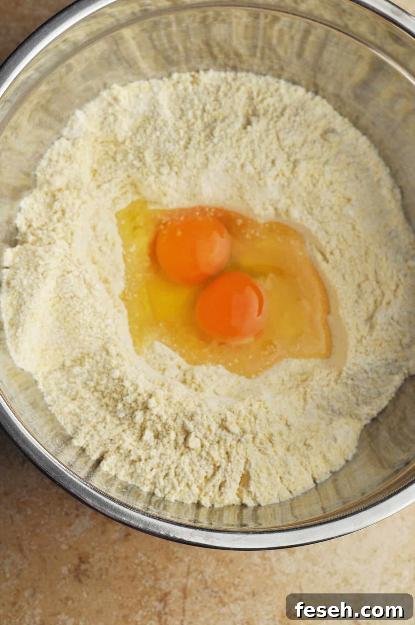 Raw eggs in a bowl in the center of cornmeal mixture.