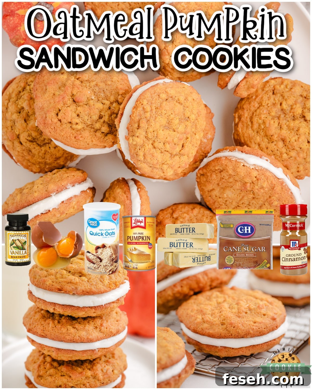Oatmeal Pumpkin Sandwich Cookies are a tasty spiced oatmeal cookies with a buttery maple frosting sandwiched in between! These sandwich cookies have delightful fall flavors everyone loves!