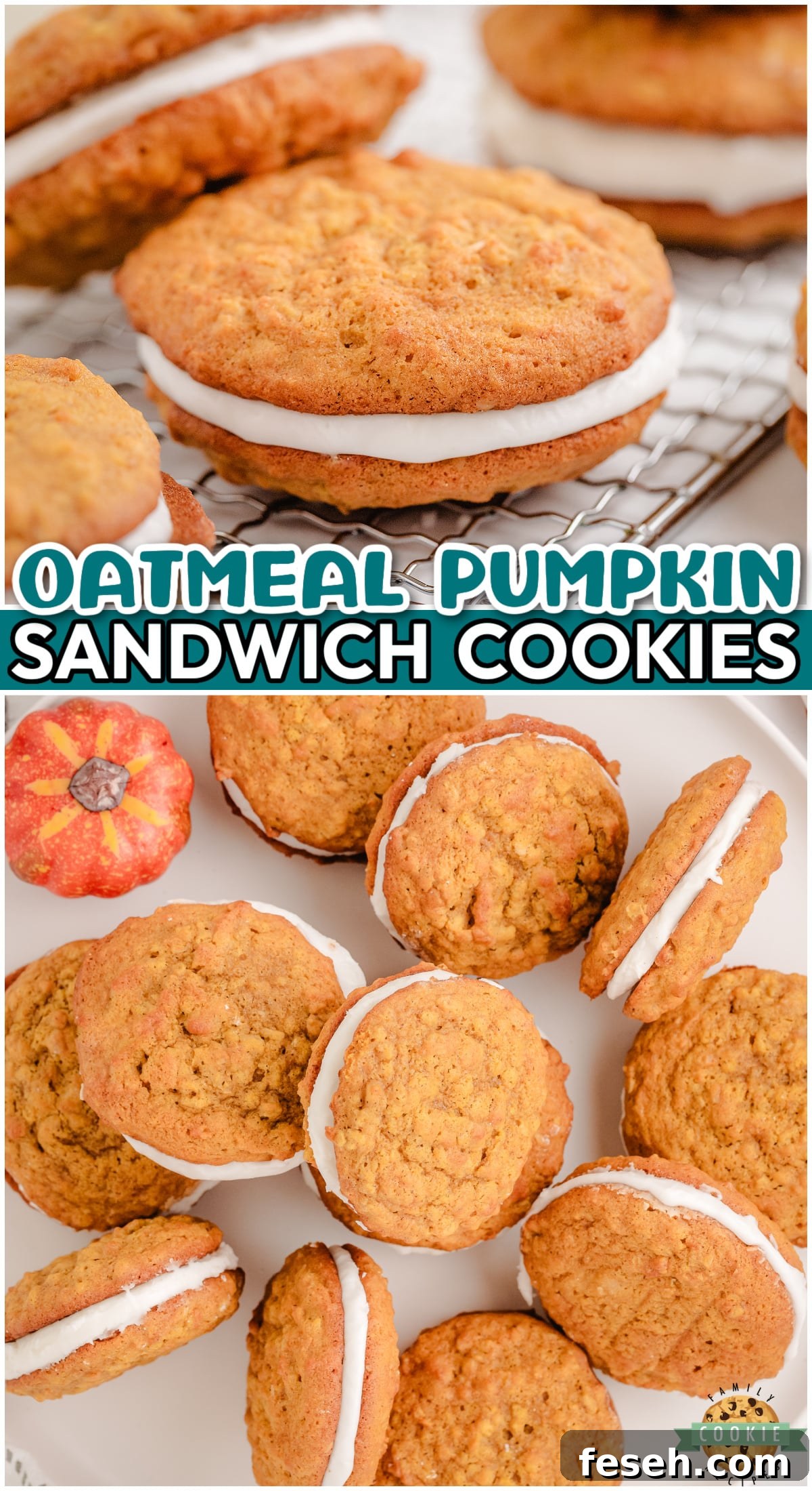 Oatmeal Pumpkin Sandwich Cookies are a tasty spiced oatmeal cookies with a buttery maple frosting sandwiched in between! These sandwich cookies have delightful fall flavors everyone loves!