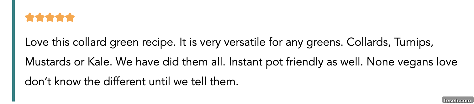 Screenshot of a recipe review for the vegan collard greens recipe.