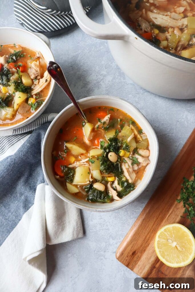 white bowl with a spoon with chicken soup with beans, kale, potatoes, carrots, and more.