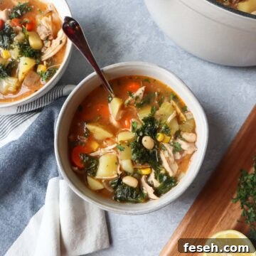 white bowl with a spoon with chicken soup with beans, kale, potatoes, carrots, and more.