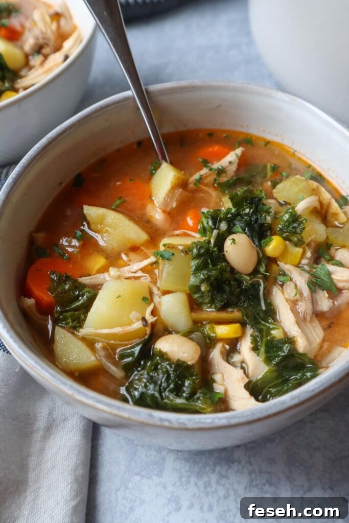 white bowl with a spoon with chicken soup with beans, kale, potatoes, carrots, and more.
