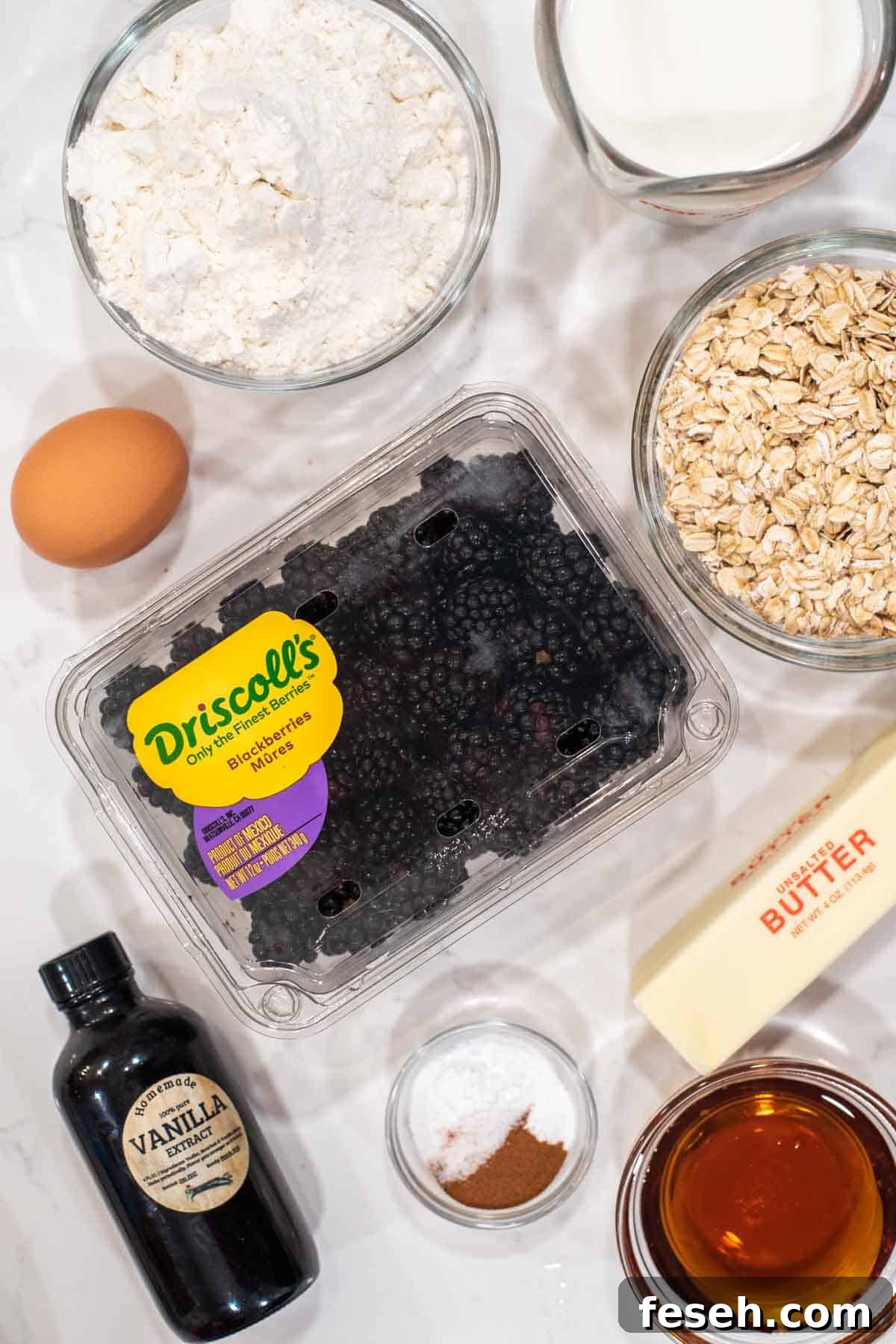 overhead shot of ingredients for blackberry oatmeal muffins