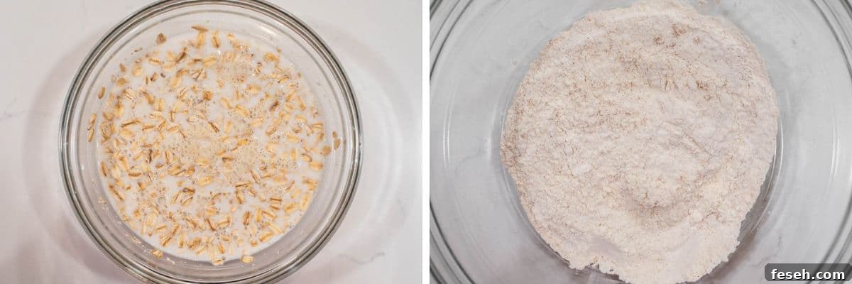 process shots of making oatmeal and mixing dry ingredients in bowl