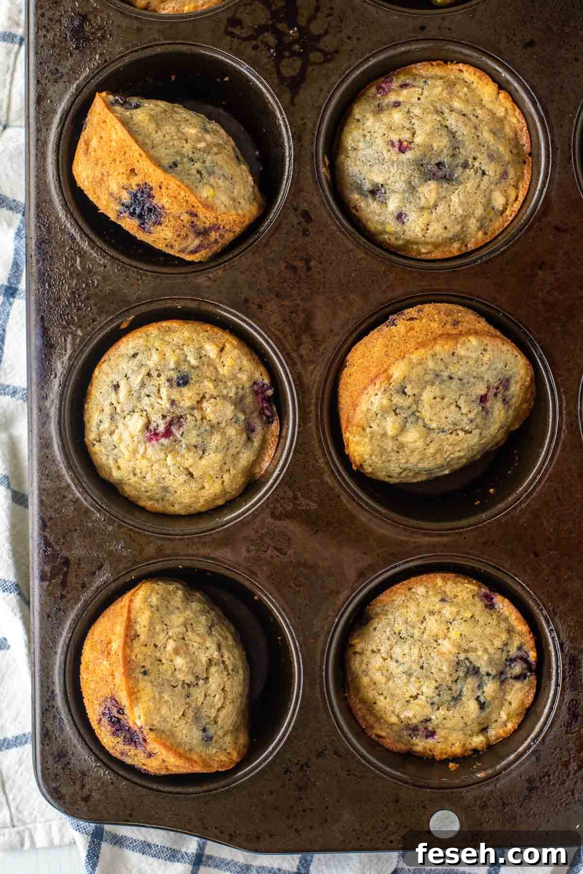overhead shot of blackberry oatmeal muffins in muffin tin