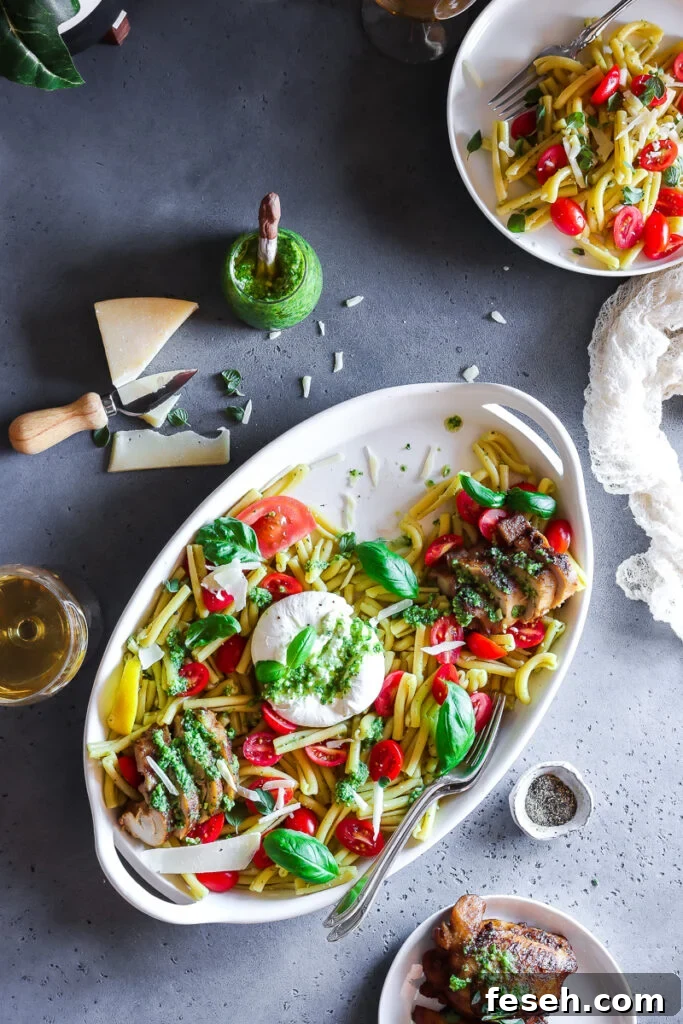 a bowl of chicken caprese salad with pesto