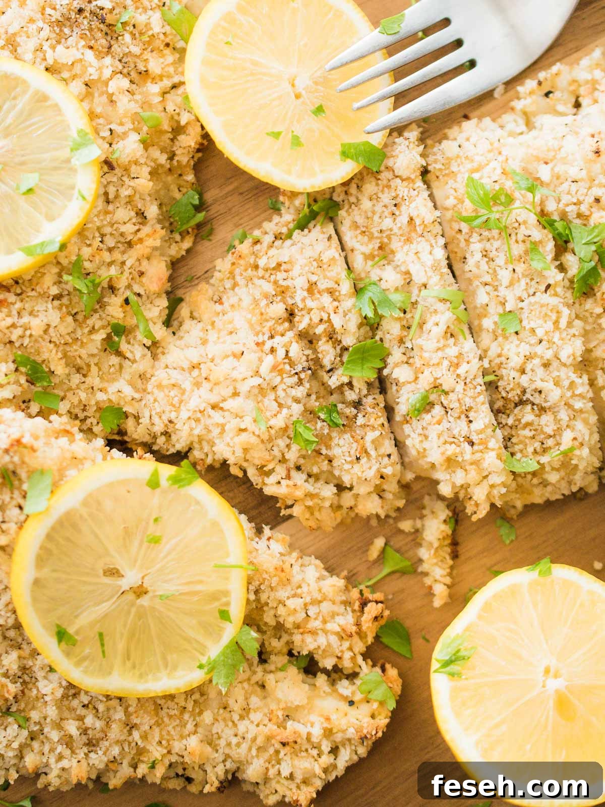 overhead shot of sliced lemon pepper chicken topped with parsley and lemon