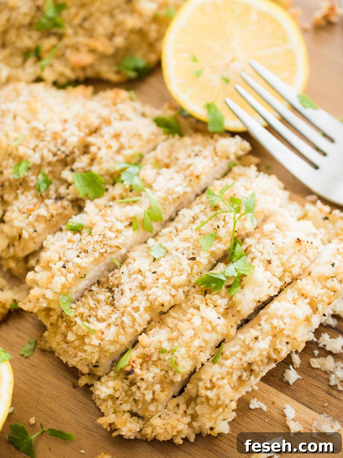 up close shot of sliced lemon pepper chicken on a cutting board with a fork, lemons, and parsley