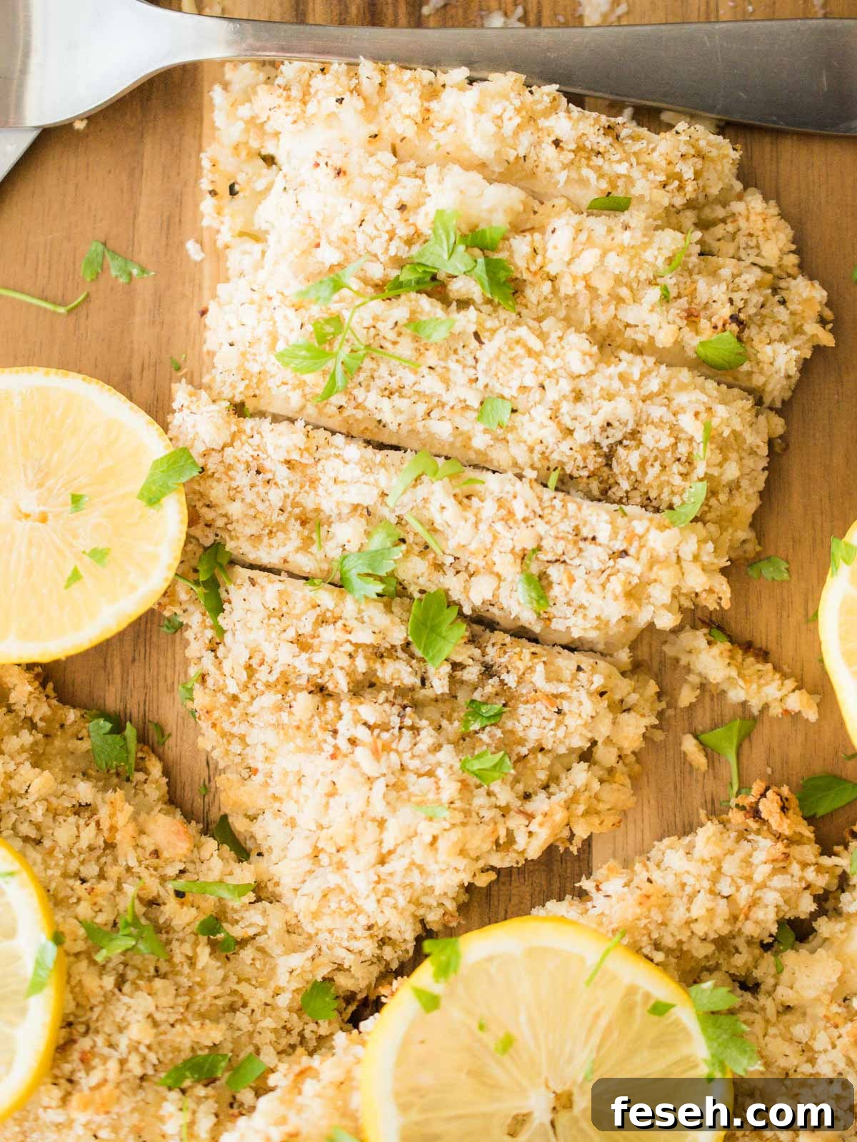 overhead of sliced lemon pepper chicken with lemons and parsley