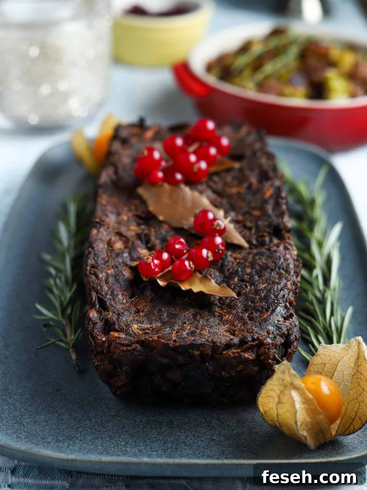 Photo of this vegan nut roast, head on, decorated with red currants and bay leaves on top, and sprigs of rosemary along the side, and cape gooseberries at diagonal corners, all on a grey-blue oblong plate.
