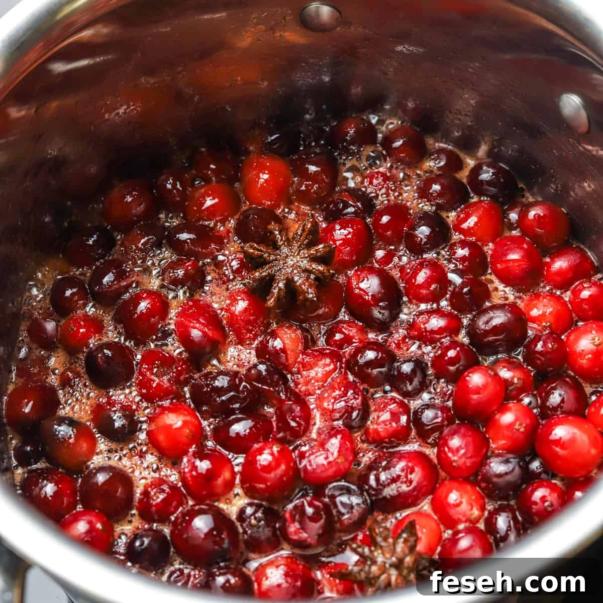 Photo of a pan of cranberry sauce bubbling on the stove.