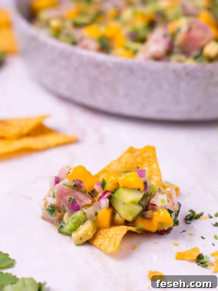 tortilla chip with cucumber, tuna, mango, avocado, red onion and cilantro