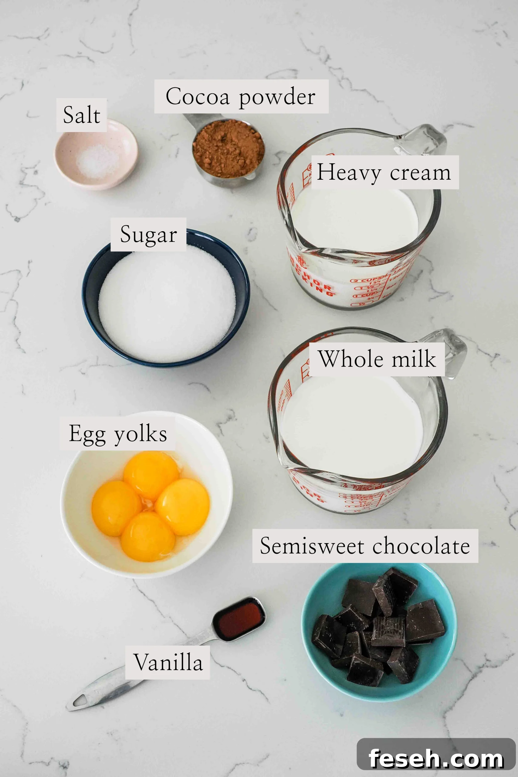 Ingredients for double chocolate ice cream on a quartz counter.